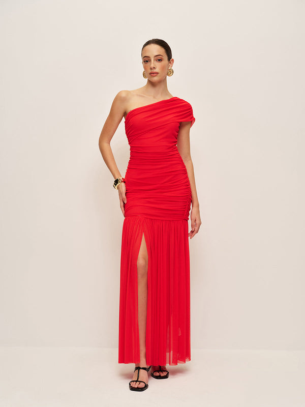 Büzgülü Tek Omuzlu Yırtık Elbise