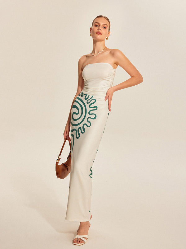 Straplez Büzgülü Baskılı Elbise