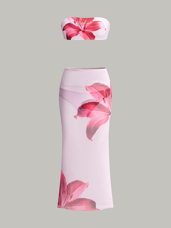 Çiçek Desenli Bandeau Bikini Ve Üst Etek