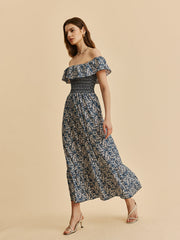 Boho Yakalı Omuzdan Bağlamalı Çiçekli Elbise
