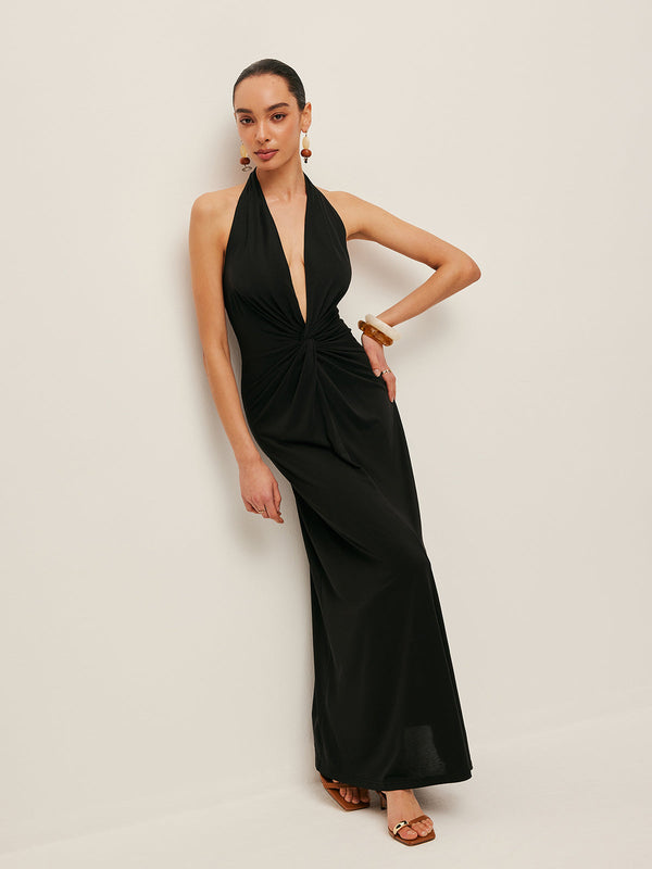 V Yakalı Önü Bükülmüş Askılı Elbise