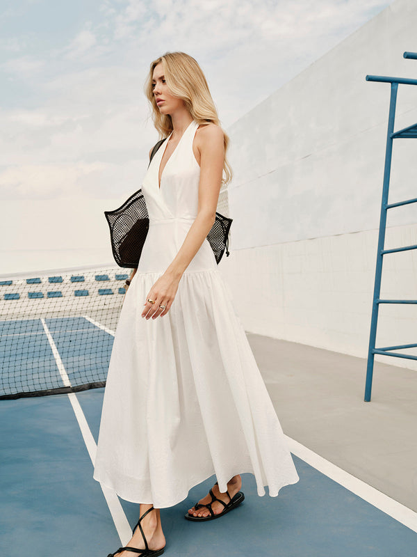 Pamuklu Askılı V Yaka Sırtı Açık Elbise