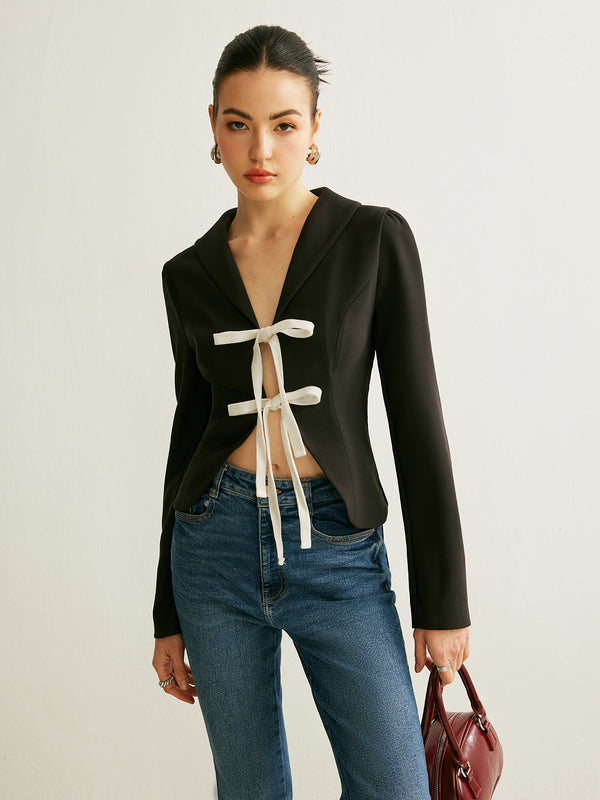 V Yaka Önü Bağlamalı Blazer