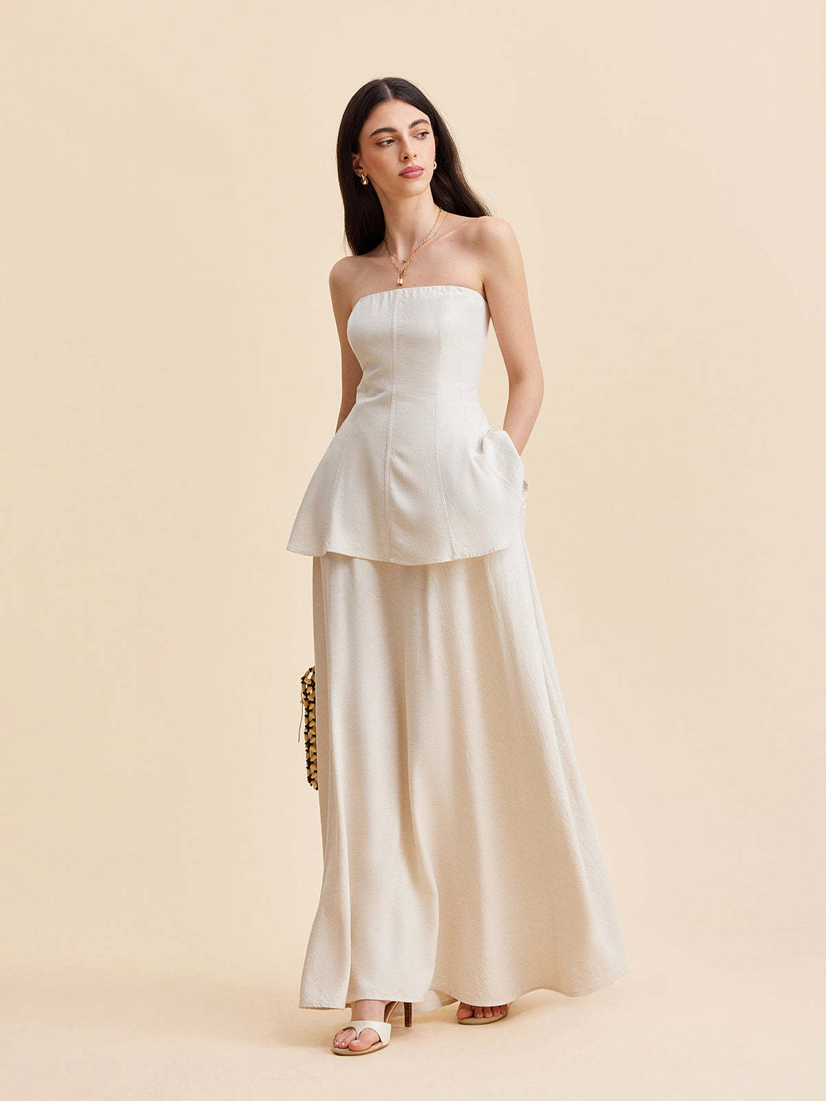Askısız Peplum Bluz Ve Uçuşan Etek Takımı