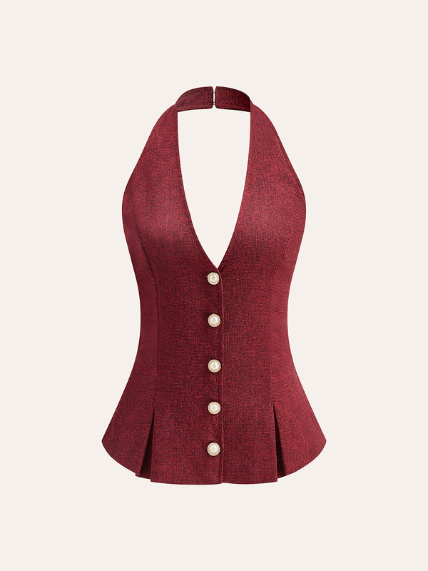 Boyundan Bağlamalı İnci Düğmeli Üst