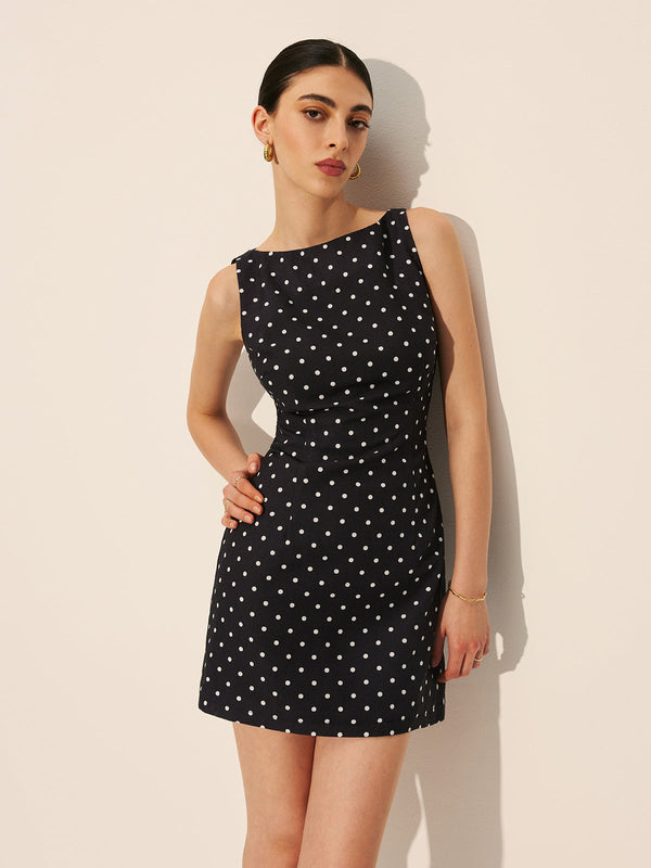 Puantiyeli Fermuarlı Yuvarlak Yaka Kısa Elbise