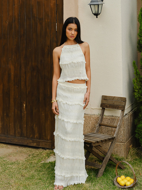 Katlı Etekli Fırfırlı Askılı Kısa Üst Takımı