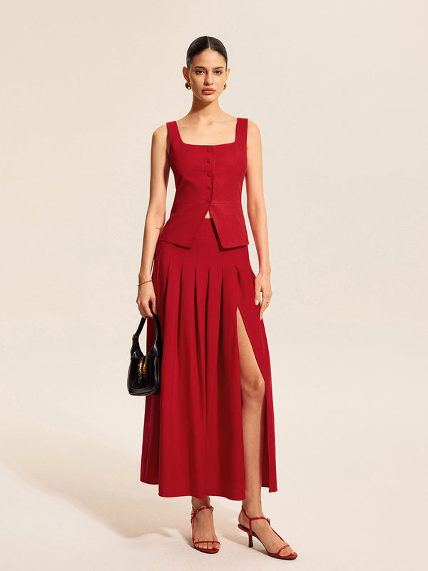 Pamuk Ve Keten Pileli Yırtmaçlı Etek