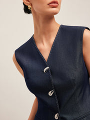 Kontrast Dikişli Düğmeli Peplum Yelek