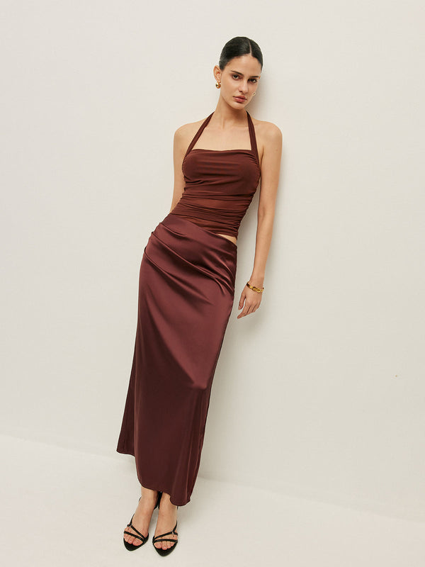 Büzgülü Boyundan Bağlamalı Kesim Detaylı Elbise