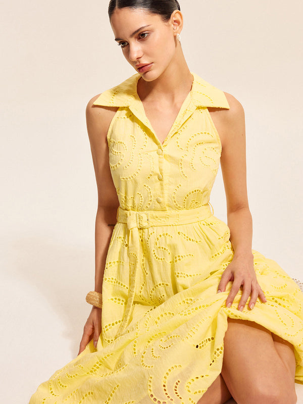 Pamuklu Kemer İşlemeli Elbise