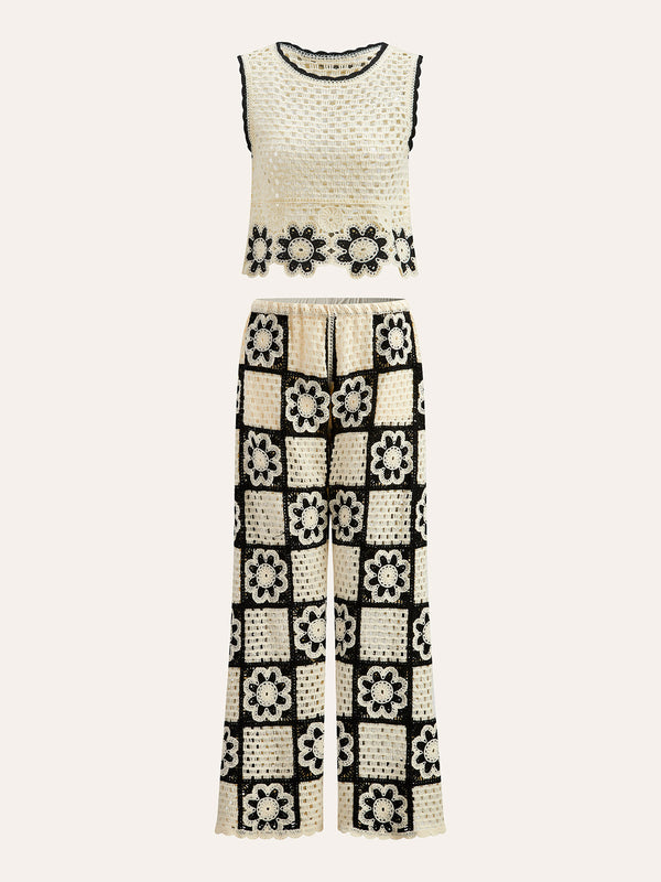 Tiğ İşi Çiçekli Üst Ve Pantolon Takımı