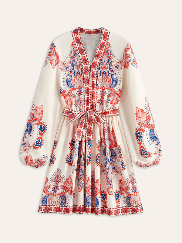 Çiçek Desenli Düğmeli Kemerli Elbise