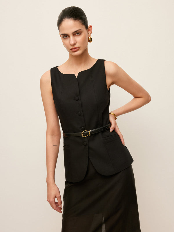 Pamuk Ve Keten Düğmeli Ön Yelek Kemersiz