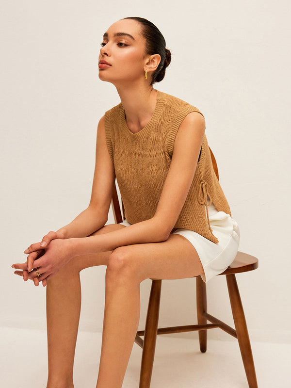 Yan Bağcıklı Örme Kolsuz Üst