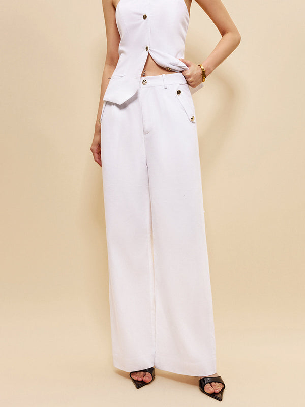 Keten Ve Pamuklu Cepli Orta Bel Pantolon