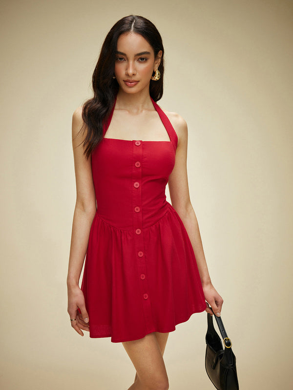 Pamuk Ve Keten Askılı Yaka Önü Düğmeli Elbise