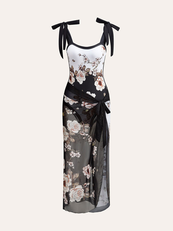 Çiçekli, Omuzdan Bağlamalı Tek Parça Mayo Ve Üst Giyim