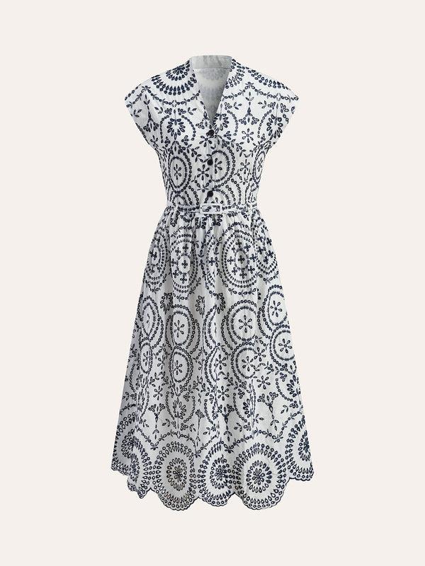 İşlemeli V Yaka Kemerli Elbise