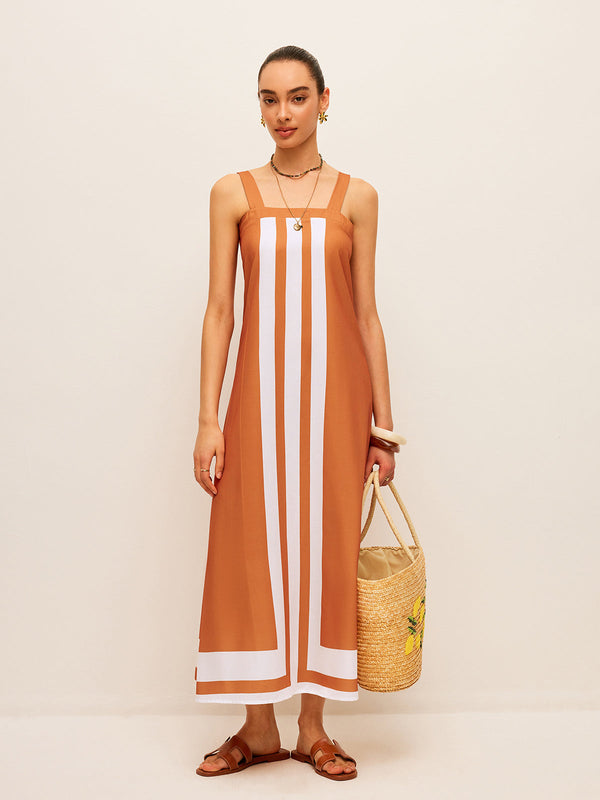 Renk Bloklu Kare Yaka Elbise