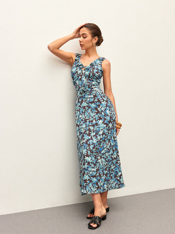 Çiçekli Marul Kenarlı V Yaka Fermuarlı Elbise