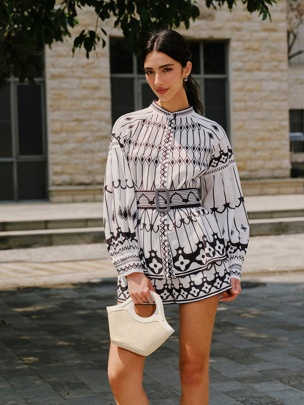 Keten Karışımlı Uzun Kollu Kemerli Şort Takımı