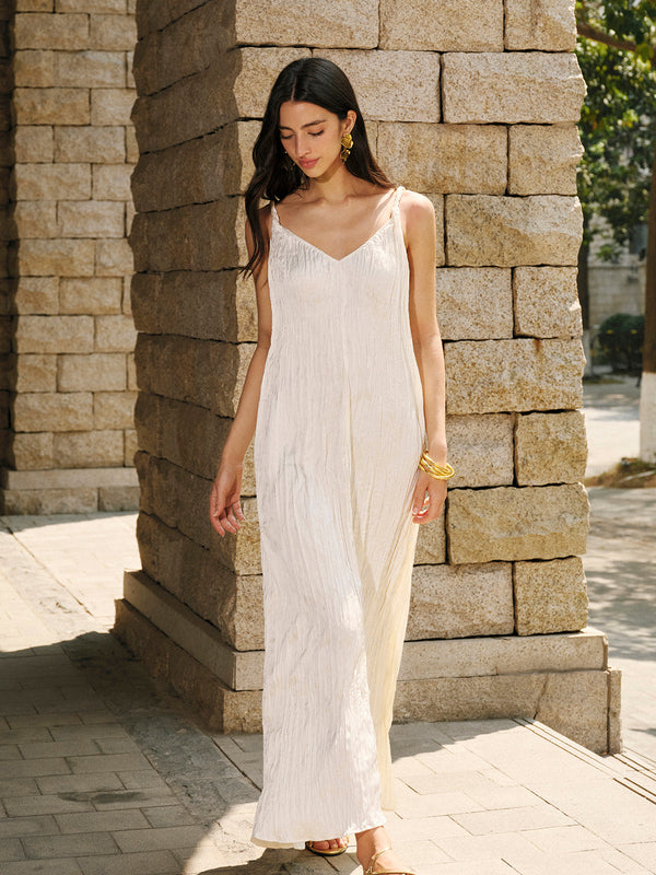 Saten V Yaka Askılı Elbise