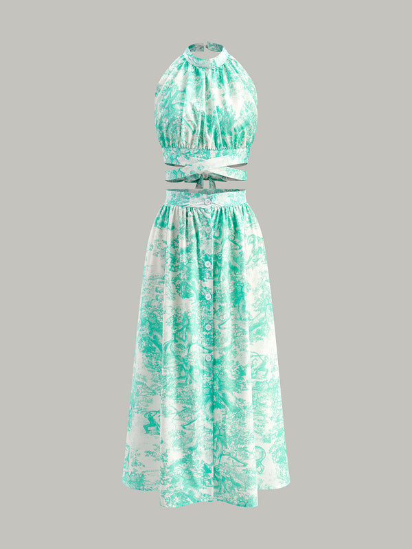 Boyundan Bağlamalı Sırtı Açık Önü Düğmeli Etek Takımı