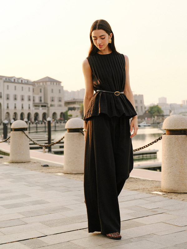 Peplum Üst Geniş Paça Pantolon Takımı Kemerli