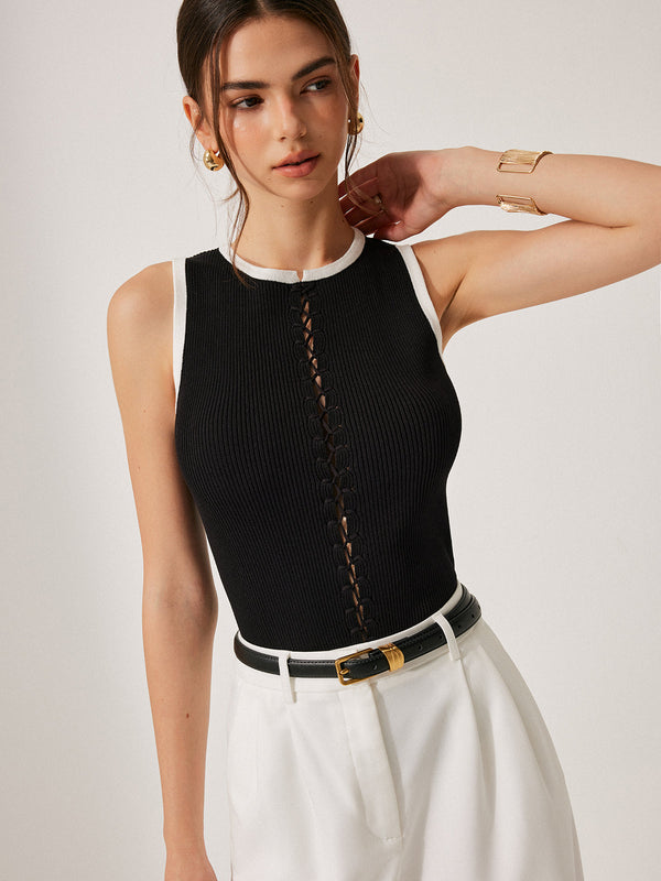 Renk Bloklu Örgü Bağcıklı Yelek