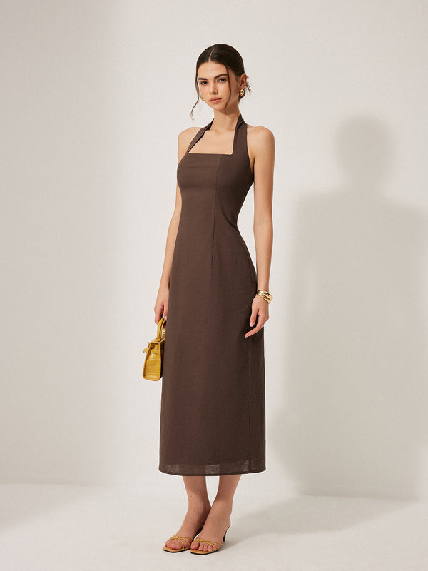 Pamuk Ve Keten Askılı Sırtı Açık Yarık Elbise