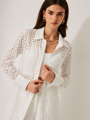 Yarı Şeffaf Pamuklu Oyuk Panelli Bağlamalı Yaka Elbise