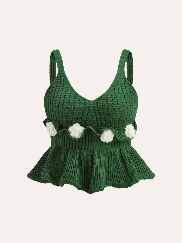 3D Tiğ İşi Çiçekli Peplum Kazak Yelek