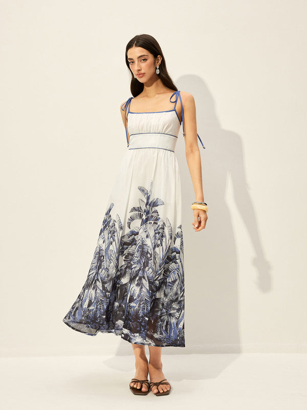 Tropikal Desenli Bağcıklı Elbise