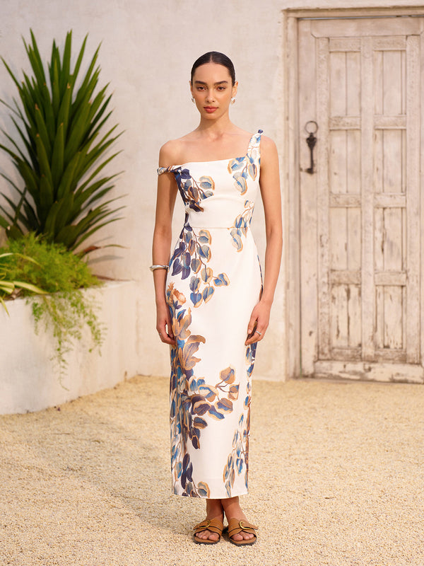 Boho Desenli Asimetrik Yaka Fermuarlı Yırtmaçlı Elbise