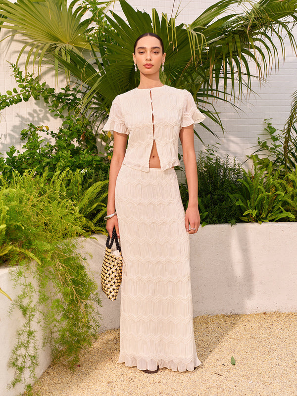 Kısa Kollu Düğmeli Kırpılmış Üst Etek Takımı