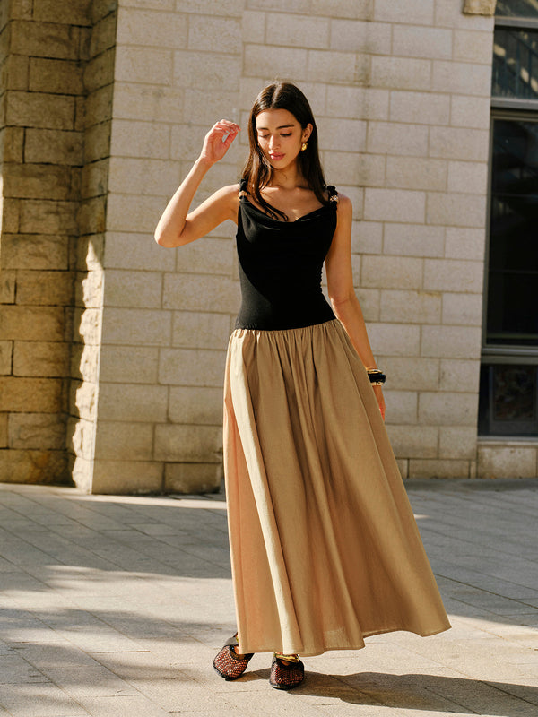 Keten Ve Pamuklu Panel Kapüşonlu Yaka Metal Detaylı Kolsuz Elbise