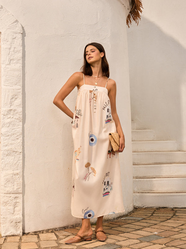 Grafik Baskılı Önden Bağlamalı Askılı Elbise