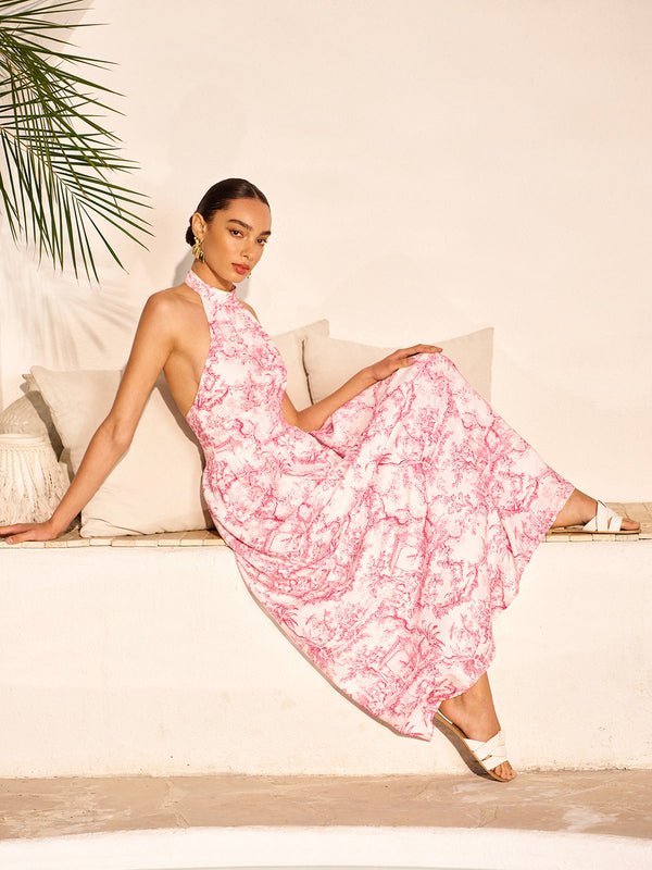 Cepli Askılı Baskılı Sırtı Açık Elbise