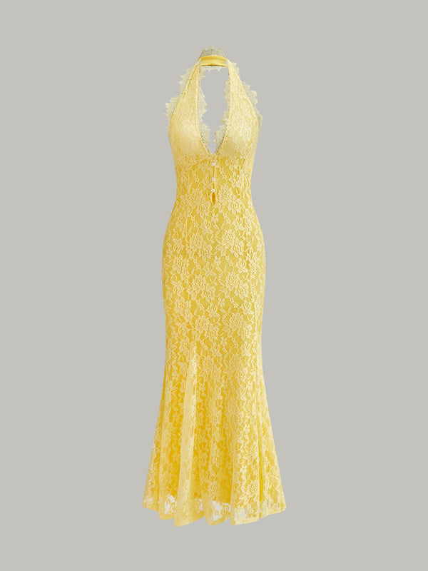 Boyundan Bağlamalı Çiçekli Dantel Elbise