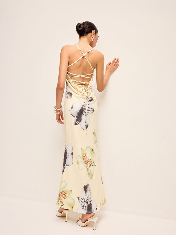 Sırtı Açık Bağcıklı Çiçekli Elbise