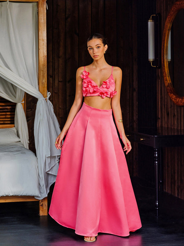 Çiçek Desenli Kısa Üst Ve A Kesim Etek Takımı