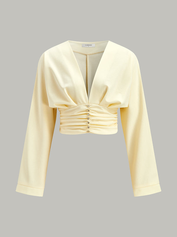 V Yakalı Büzgülü Bel Dekor Düğmeli Kırpılmış Bluz