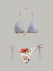 Çiçek Desenli Bağcıklı Bikini Takımı