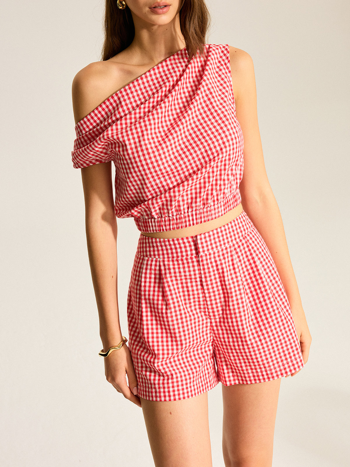 Gingham Tek Omuzlu Üst Ve Şort Takımı