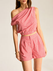Gingham Tek Omuzlu Üst Ve Şort Takımı