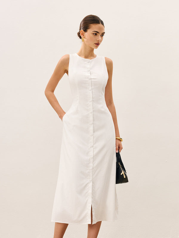 Pamuk Ve Keten Düğmeli Ön Kolsuz Elbise Kemersiz