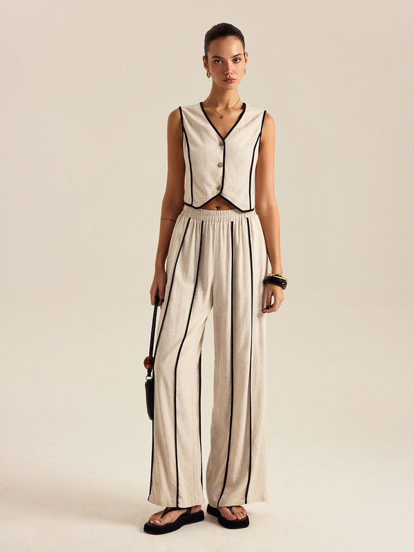 Lastikli Bel Keten Ve Pamuklu Çizgili Pantolon Takımı