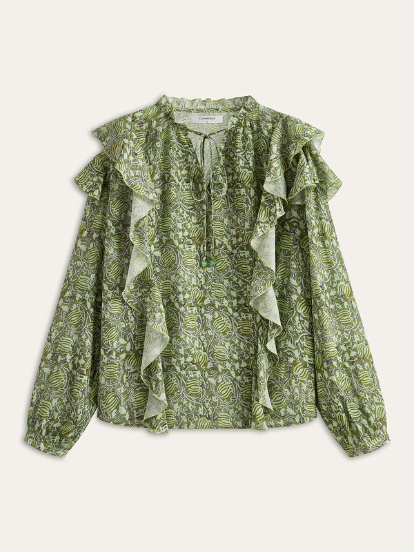 Çiçek Baskılı Volanlı Gömlek