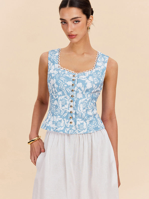 Çiçek Desenli Önü Düğmeli Üst